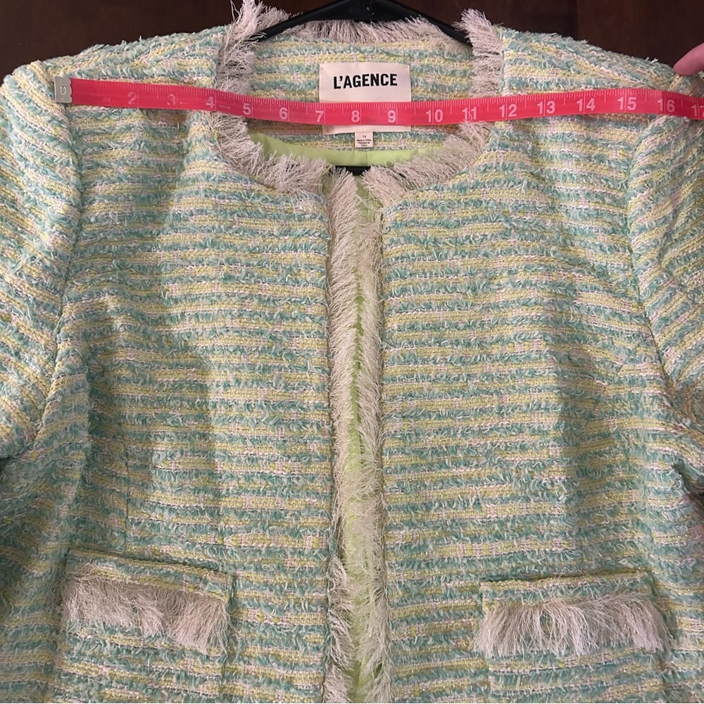 L'AGENCE Angelina Fray Tweed Jacket Open Front Blazer in Light Green Size 14 - Picture 15 of 16